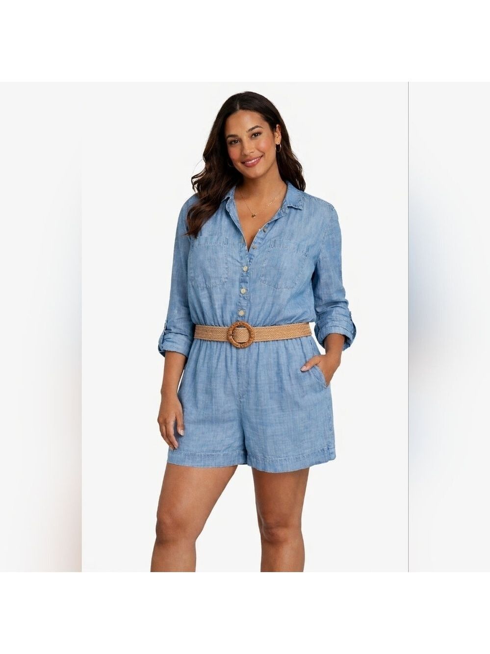 NY & Co Chambray Denim Utility Romper Shorts Size XL